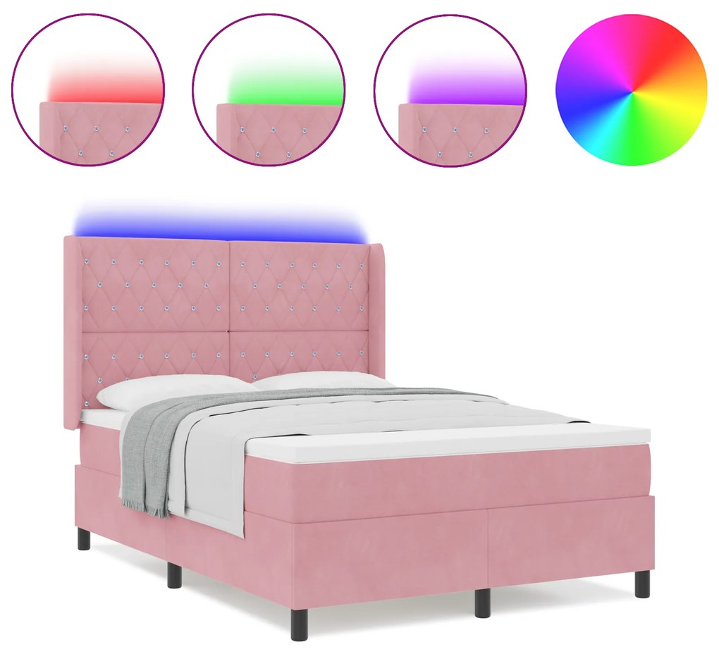 vidaXL Κρεβάτι Box Spring με Στρώμα & LED Ροζ 160x200 εκ Βελούδο