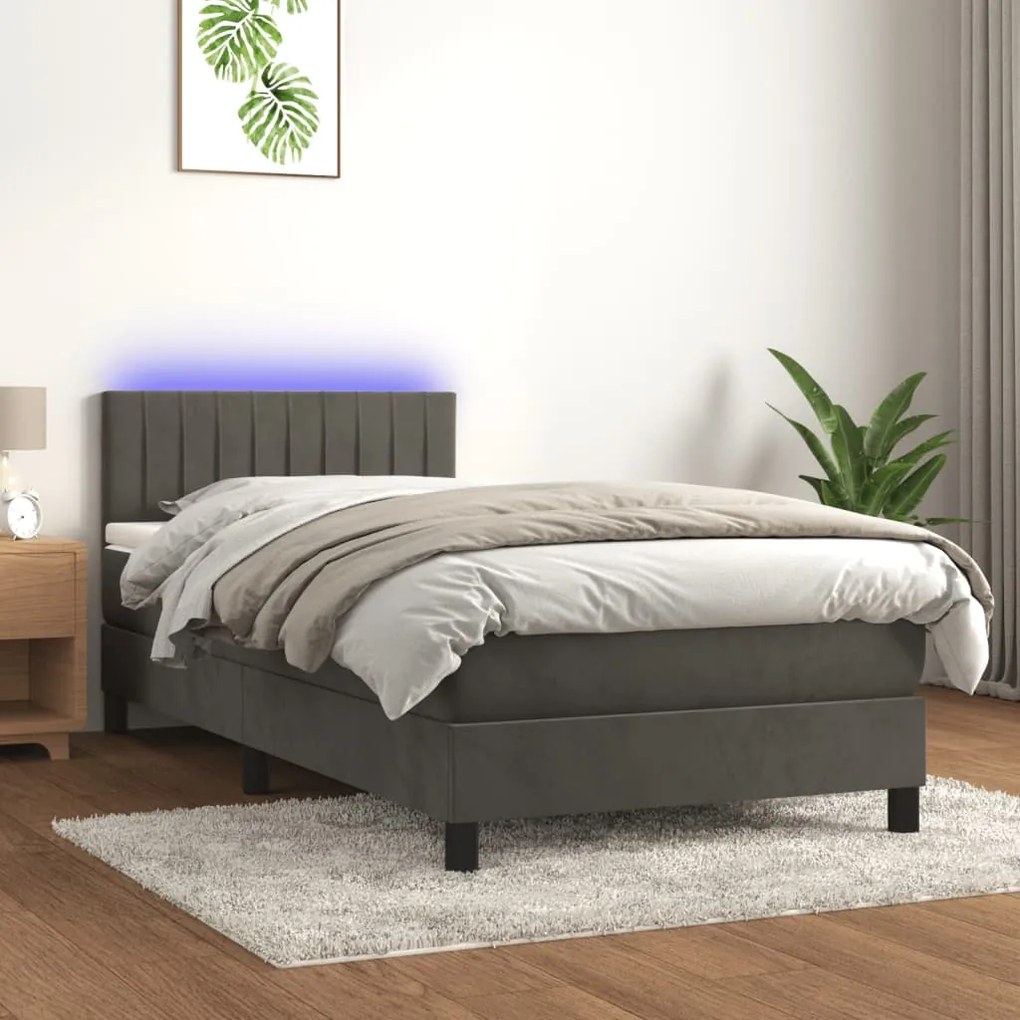 Κρεβάτι Boxspring με Στρώμα & LED Σκ. Γκρι 100x200εκ. Βελούδινο