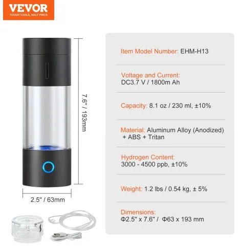 VEVOR Hydrogen Water Bottle Generator, 230 ml / 8.1 oz Capacity Portable Hydrogen Water Maker, SPE Technology Hydrogen Rich Water Ionizer Machine with Nasal Inhalation Tube and Self-Cleaning