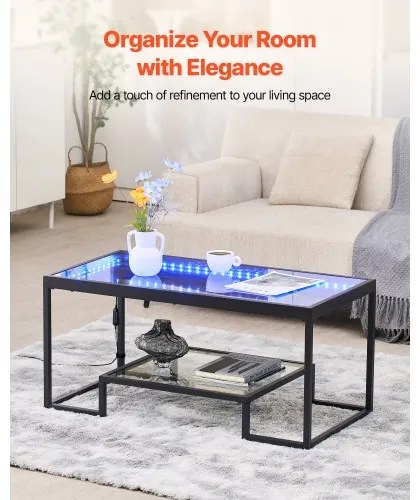 VEVOR Coffee Table, Modern Tempered Glass Coffee Table with Lighting, 2 Tiers Rectangle Glass Center Desk with Open Storage, Minimalist Metal Accent End Desk for Living Room, Office, Easy Assembly