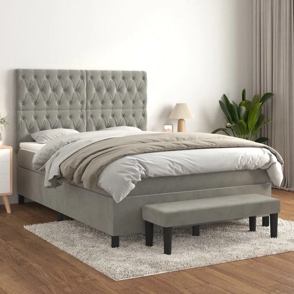 Κρεβάτι Boxspring με Στρώμα Ανοιχτό Γκρι 140x190 εκ. Βελούδινο