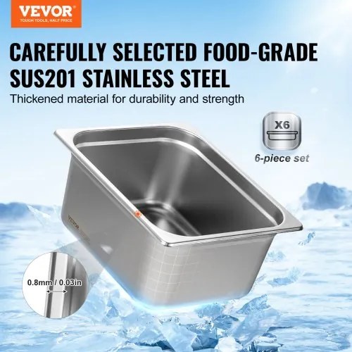 VEVOR 6 Pack 1/2 Size Hotel Pans Steam Table Pan Stainless Steel 6&quot; Deep