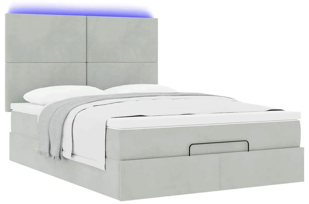 vidaXL Οθωμανικό κρεβάτι με στρώματα & LEDs Ανοιχτό γκρι Βελούδο
