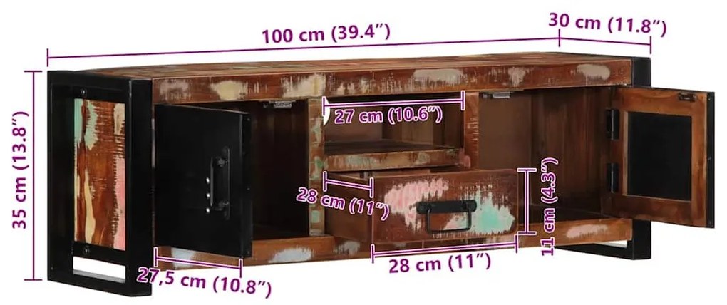 ντουλάπι τηλεόρασης 100x30x35 cm από μασίφ ξύλο αναγεννημένο - Καφέ