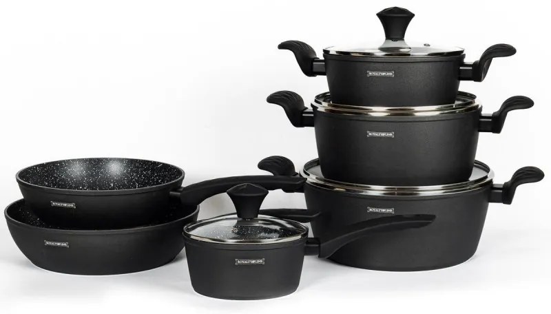 Σετ κατσαρολών και τηγανιών Royalty Line FD10, 10 τεμαχίων, Χυτό αλουμίνιο, επίστρωση μαρμάρου Greblon, Επαγωγή, Μαύρο