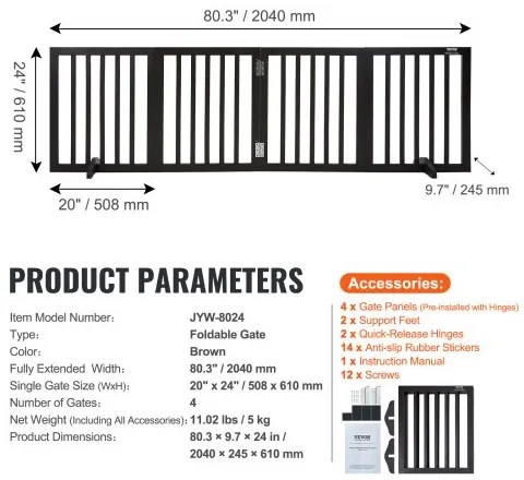 VEVOR Free Standing Dog Gate 24x80.3 inch Freestanding Pet Gate Foldable Brown