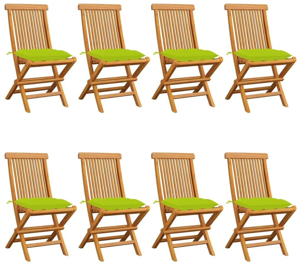 vidaXL Καρέκλες Κήπου 8 τεμ. Μασίφ Ξύλο Teak με Φωτ. Πράσινα Μαξιλάρια