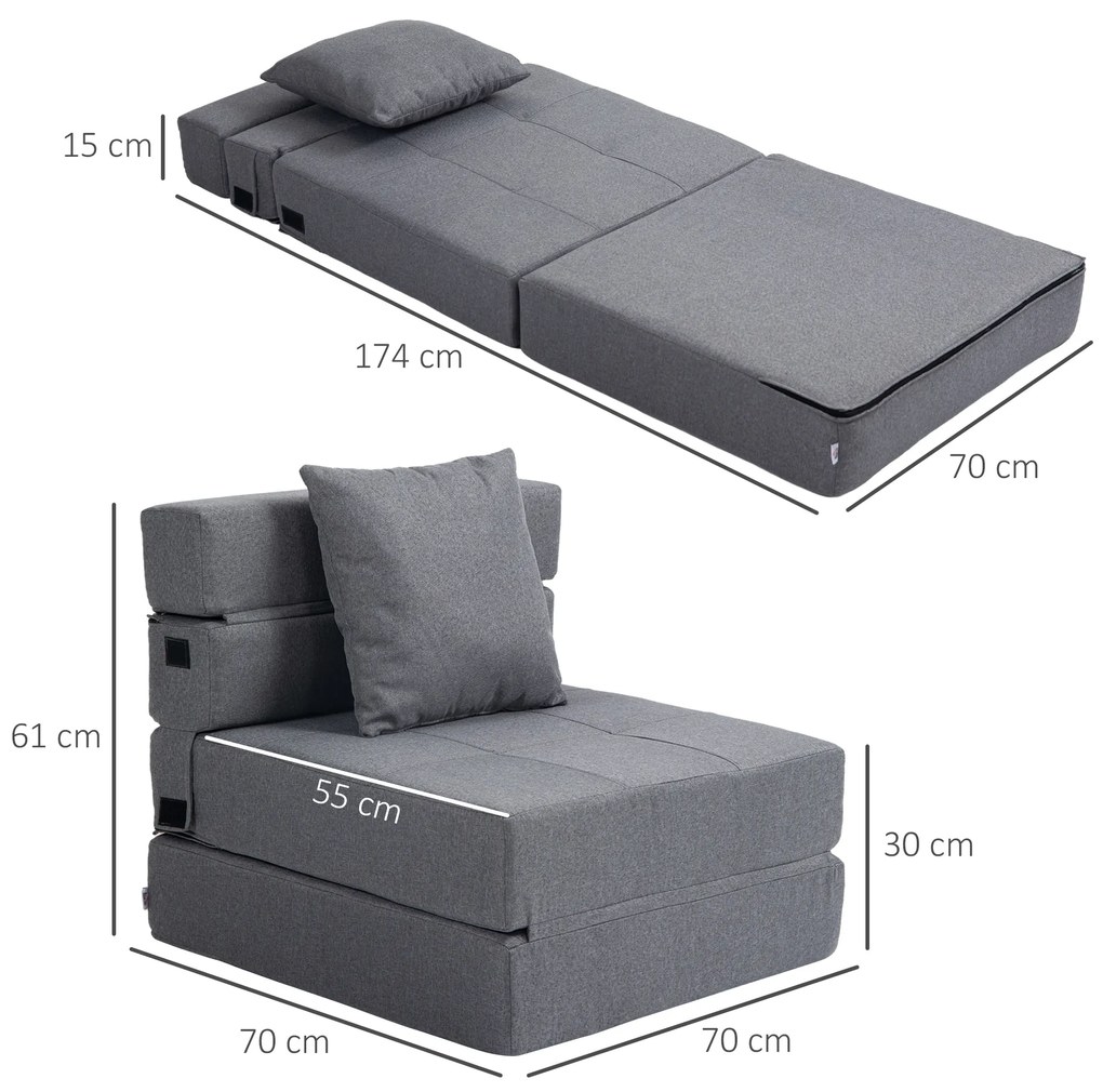 HOMCOM Πολυθρόνα-κρεβάτι, αποσπώμενο κάλυμμα, 70 cm x 70 cm x 61 cm, Σκούρο Γκρι
