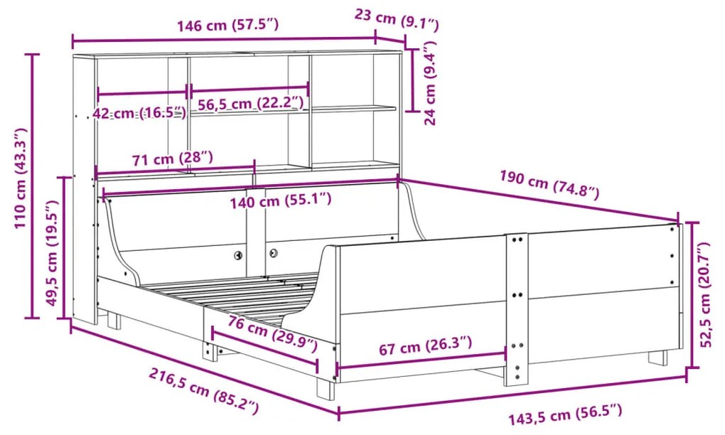 Κρεβάτι Βιβλιοθήκη Χωρίς Στρώμα 140x190 εκ Μασίφ Πεύκο - Καφέ