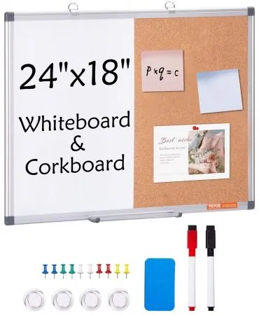 VEVOR 24"x 18" Whiteboard & Cork Board Combo with Aluminum Frame for School Home