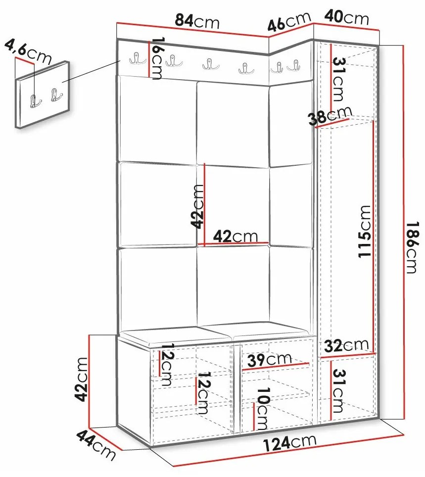 Σετ διαδρόμου Hartford 377, 186x124x46cm, Άσπρο, Πράσινο, Ινοσανίδες μέσης πυκνότητας, Πλαστικοποιημένη μοριοσανίδα, Ταπισερί, Τοίχου, Εντοιχισμένη