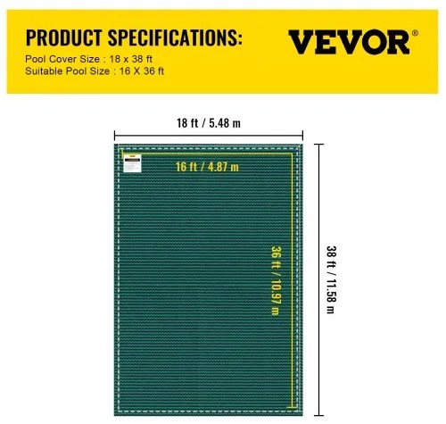 VEVOR Pool Safety Cover 18x38ft, Inground Pool Cover fit for 16x36 ft Pool, Rectangle Inground Safety Pool Cover Green Mesh Solid Pool Safety Cover for Swimming Pool Winter Safety Cover