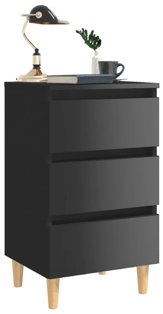 vidaXL Κομοδίνο Γυαλιστερό Μαύρο 40x35x69 εκ. με Μασίφ Ξύλινα Πόδια
