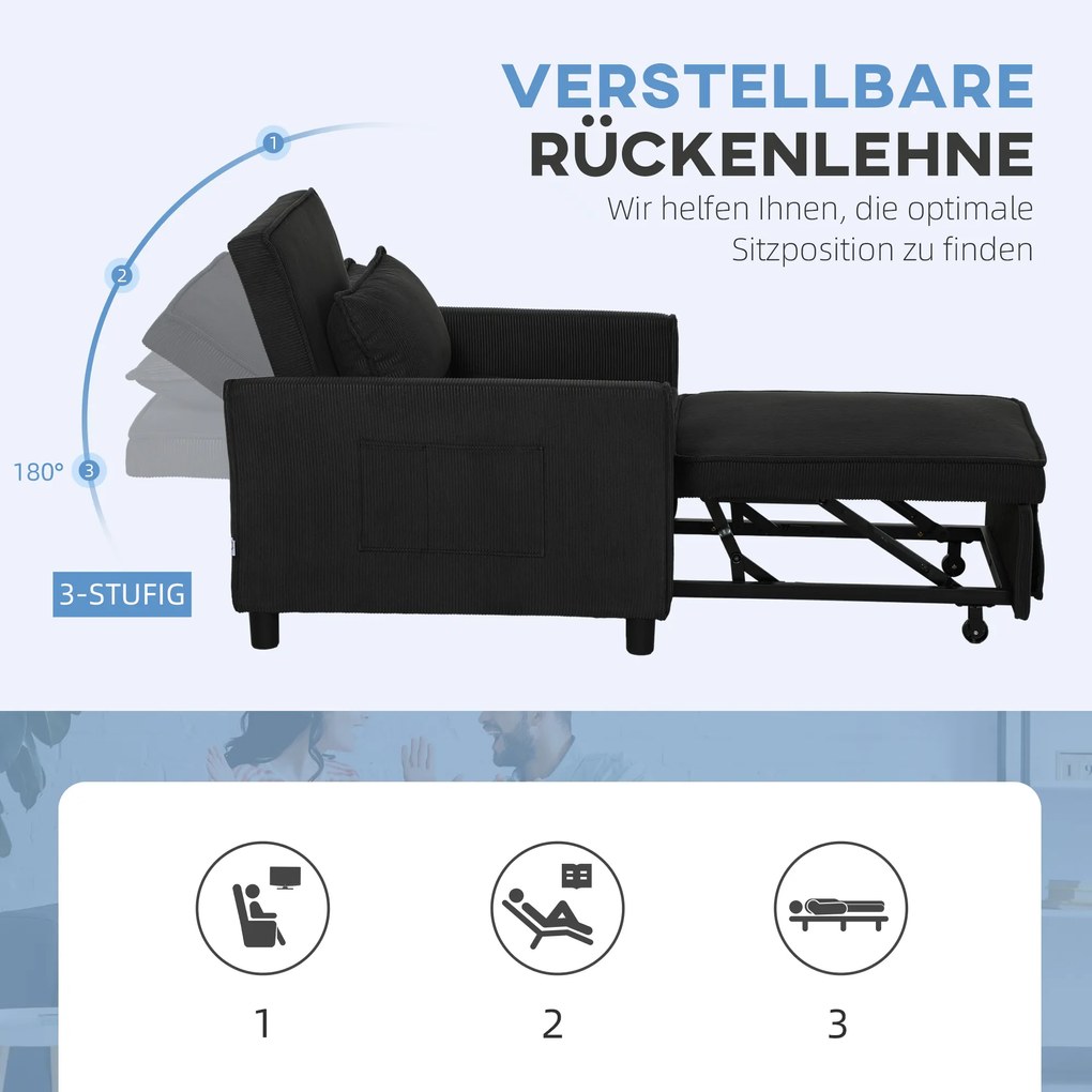 Πολυθρόνα-κρεβάτι HOMCOM, ρυθμιζόμενη, 3 θέσεις, κάλυμμα κοτλέ, έως 120 kg, μαύρο