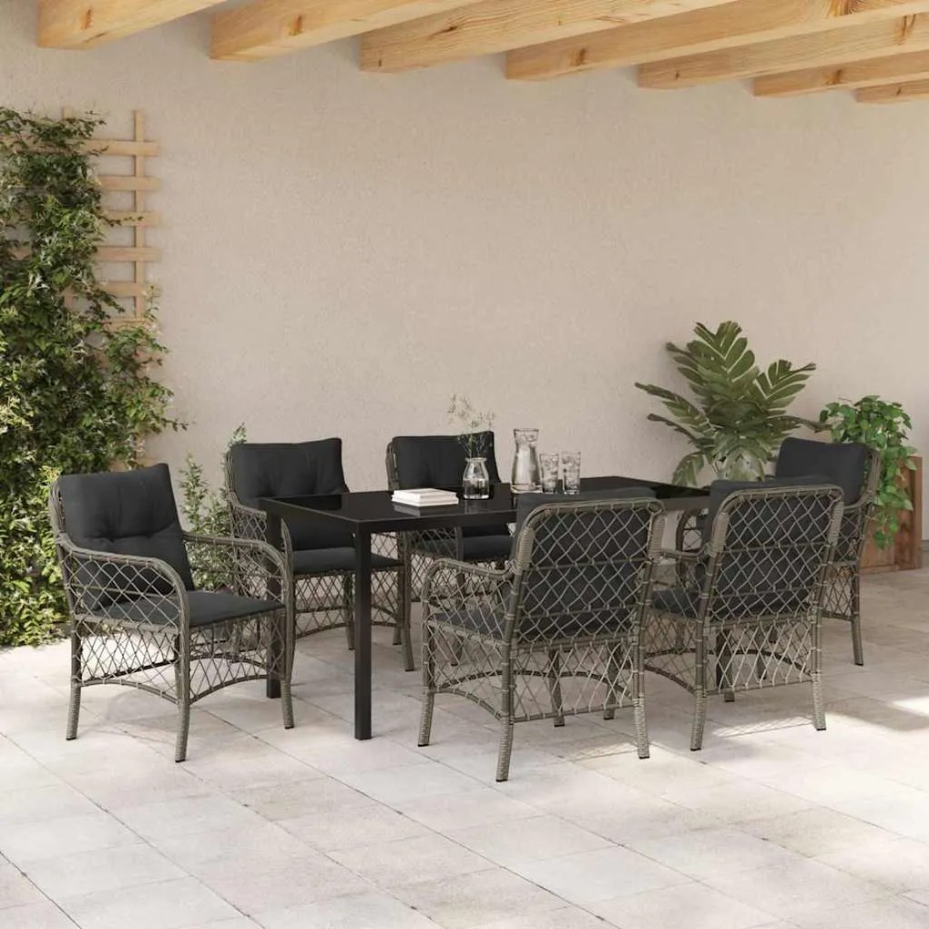 vidaXL Σέτ φαγητού για κήπο με μαξιλάρι 7 pcs Γκρι Πολυ ράταν