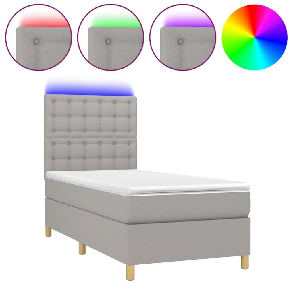 vidaXL Κρεβάτι Boxspring με Στρώμα &amp; LED Αν.Γκρι 90x190 εκ. Υφασμάτινο
