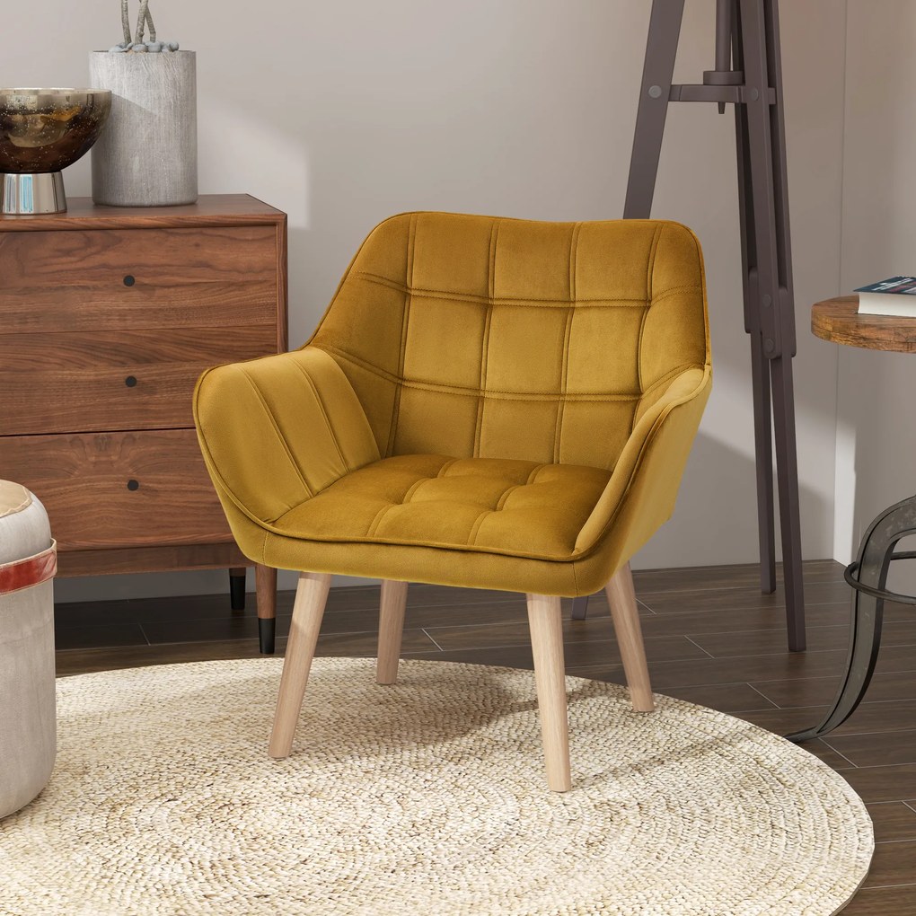 Πολυθρόνα HOMCOM, πολυθρόνα έμφασης, Σκανδιναβικό σχέδιο, βελούδινη όψη, έως 120 kg, πόδια από ξύλο καουτσούκ, Κίτρινο