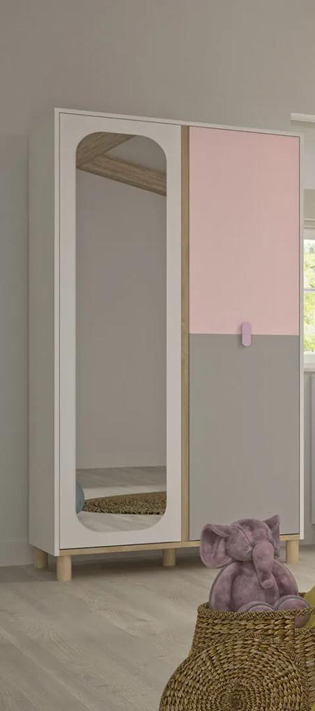 Lucia ντουλάπα με 2 πόρτες και καθρέφτη 94x58x185εκ. Λευκό / Ροζ / Γκρι