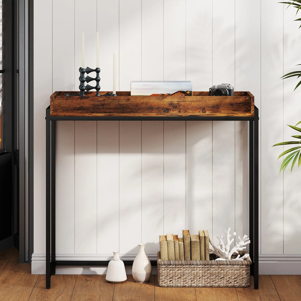 Τραπέζι εισόδου, στενό τραπέζι κονσόλας, μέταλλο, μοριοσανίδα, ρουστίκ καφέ