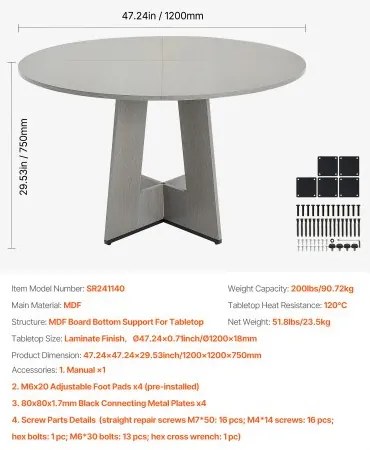 VEVOR 47 in Round Dining Table Wood Kitchen Table for 2-4 Person (Only Table)