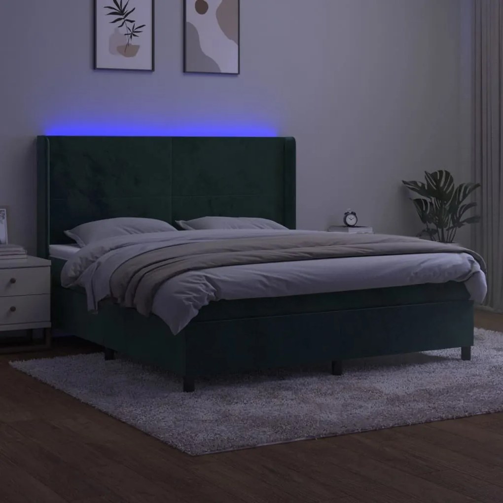 vidaXL Κρεβάτι Boxspring με Στρώμα & LED Σκ. Πράσινο 180x200εκ Βελούδο