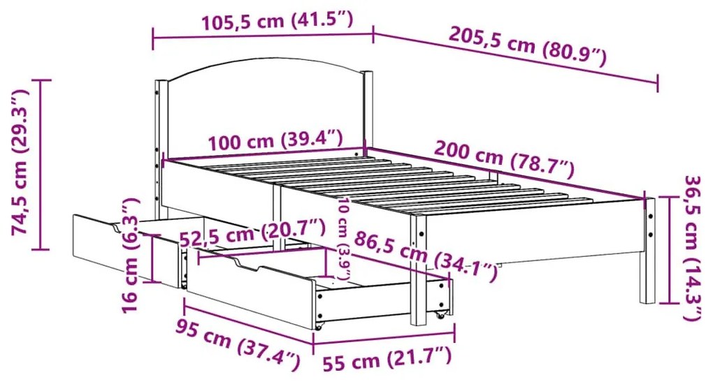 Σκελετός Κρεβατιού Χωρίς Στρώμα Λευκό 100x200 εκ. Μασίφ Πεύκο - Λευκό