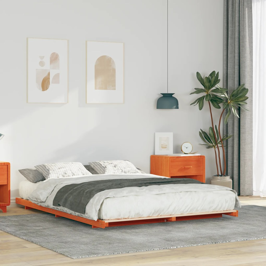 vidaXL Κρεβάτι δαπέδου Καφέ κεριού 140 x 200 cm Μασίφ ξύλο πεύκου