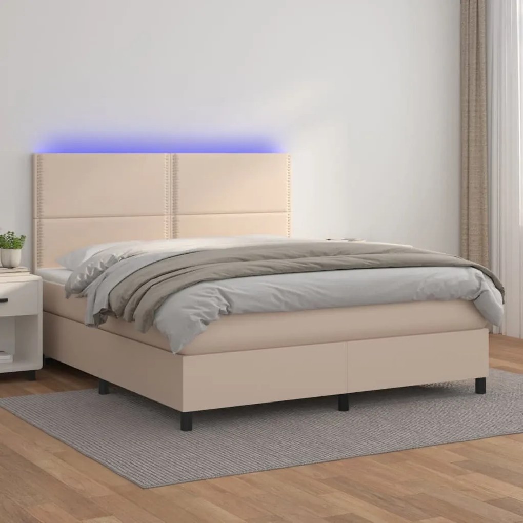 vidaXL Κρεβάτι Boxspring Στρώμα&LED Καπουτσίνο 140x200 εκ. Συνθ. Δέρμα