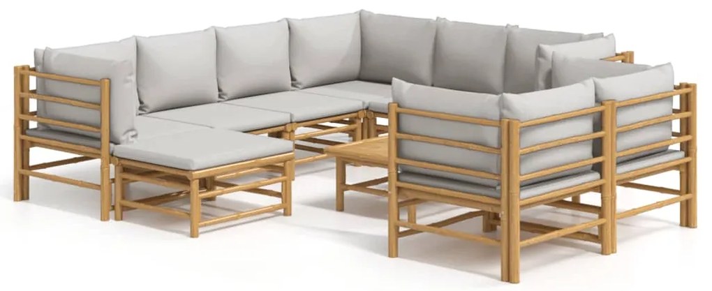 vidaXL Σαλόνι Κήπου Σετ 10 Τεμαχίων από Μπαμπού με Αν. Γκρι Μαξιλάρια