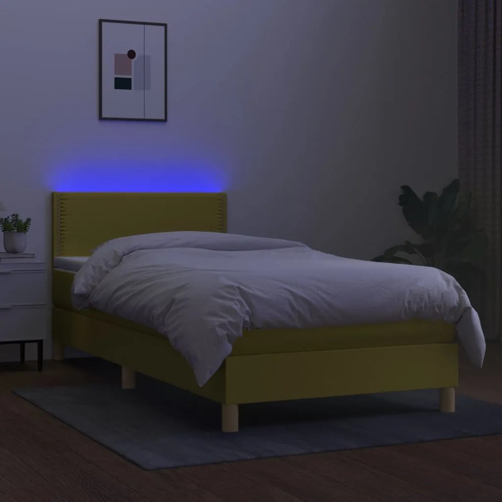 vidaXL Κρεβάτι Boxspring με Στρώμα & LED Πράσινο 100x200 εκ Υφασμάτινο