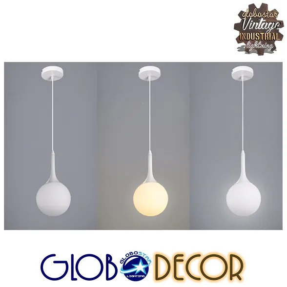 GloboStar® SPHERE 01143 Μοντέρνο Κρεμαστό Φωτιστικό Οροφής Μονόφωτο 1 x E27 Λευκό Γυάλινο Φ25 x Y46.5cm