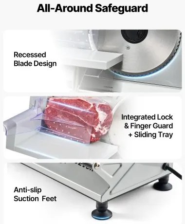 VEVOR Meat Slicer, 150W Electric Deli Slicer Machine with 170 mm Sharp Blade, Home Meat-Slicer with 65-90 RPM Slicing Speed, 0-15 mm Adjustable Thickness, for Frozen Meat, Ham, Baguett &amp; Prime Steak
