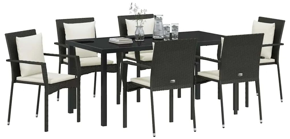 vidaXL Σέτ φαγητού για κήπο με μαξιλάρι 7 pcs Μαύρο Πολυ ράταν
