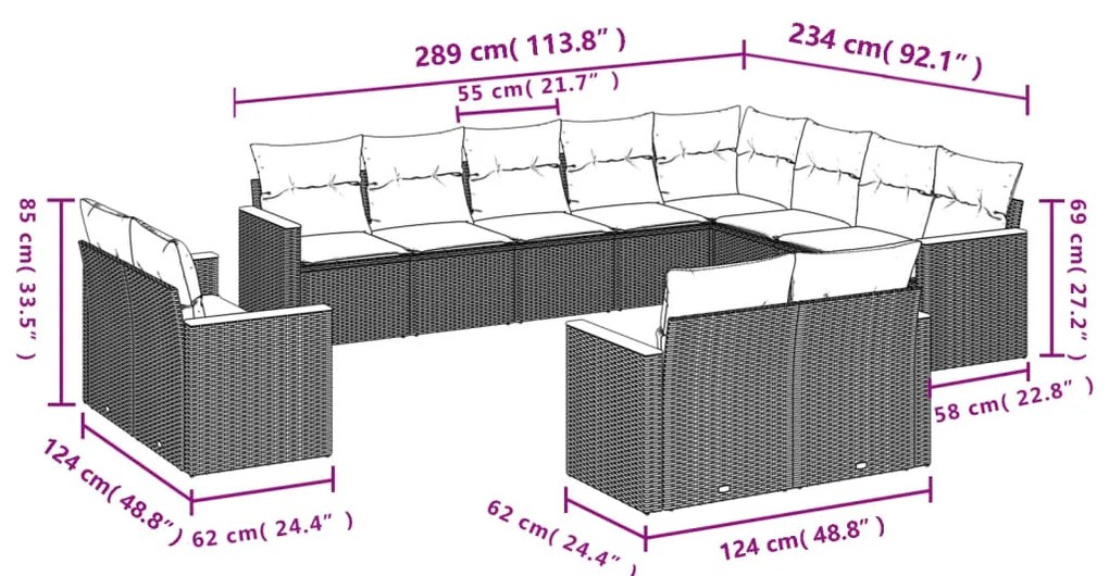 vidaXL Σαλόνι Κήπου 12 Τεμαχίων Μαύρο Συνθετικό Ρατάν με Μαξιλάρια