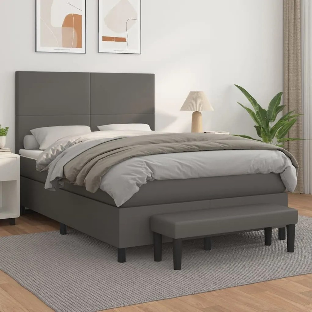 Κρεβάτι Boxspring με Στρώμα Γκρι 140x190εκ. από Συνθετικό Δέρμα - Γκρι