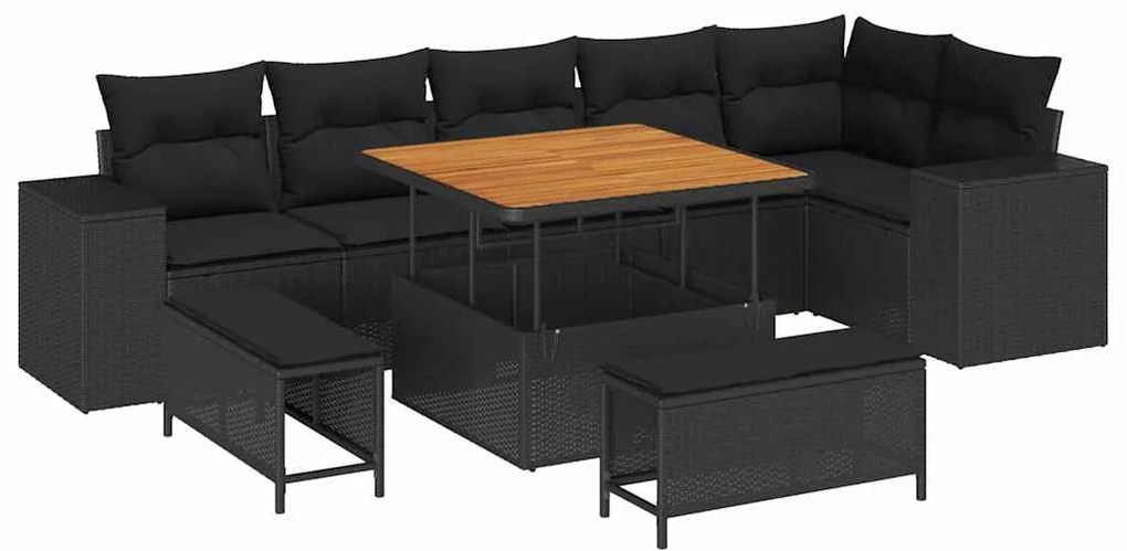 Σετ Καναπέ Κήπου με μαξιλάρι 9 pcs Μαύρο συνθετικό ρατάν