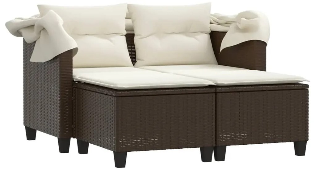 vidaXL Καναπές Κήπου Διθέσιος με Σκίαστρο &amp; Σκαμπό Καφέ Συνθ. Ρατάν