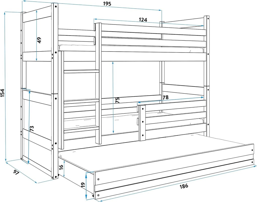 Κουκέτα  Riccon με 3o Κρεβάτι από μασίφ ξύλο White + Blue  90×200cm (Δώρο τα 3 Στρώματα)