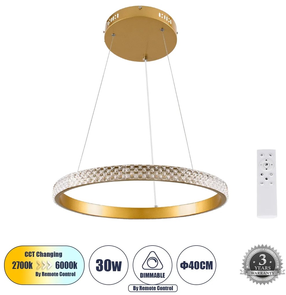 DIAMOND 61129 Κρεμαστό Φωτιστικό Δαχτυλίδι-Κύκλος LED CCT 30W 3513lm 360° AC 220-240V - Εναλλαγή Φωτισμού μέσω Τηλεχειριστηρίου All In One