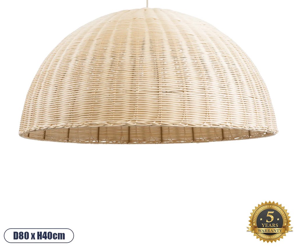 GloboStar® MONTANA 02379 Boho Κρεμαστό Φωτιστικό Οροφής Μονόφωτο 1 x E27 AC220-240V IP20 - Φ80 x Υ40cm - Μπεζ Μπαμπού Πλέγμα Καμπάνα - 5 Χρόνια Εγγύηση