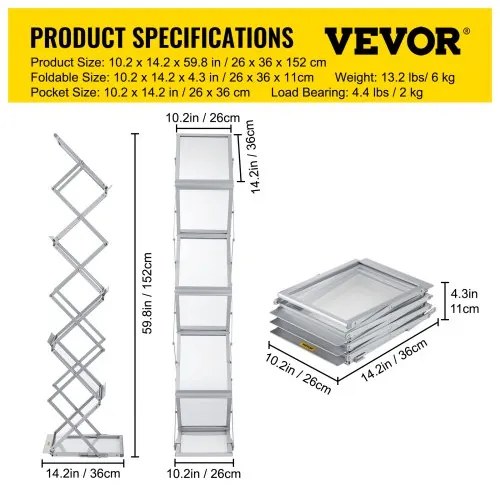 VEVOR Literature Rack, 6 Pockets, Pop up Aluminum Magazine Rack, Lightweight Catalog Holder Stand w/ Carrying Bag for Living Room, Hotel, Trade Show, Exhibition, Office