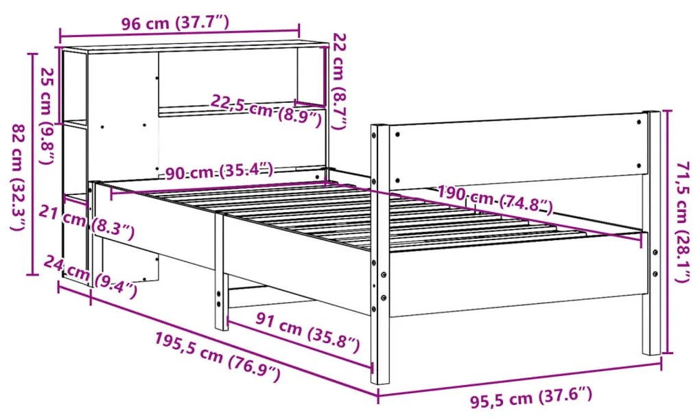 Κρεβάτι Βιβλιοθήκη Χωρίς Στρώμα 90x190 εκ Μασίφ Ξύλο Πεύκου - Καφέ