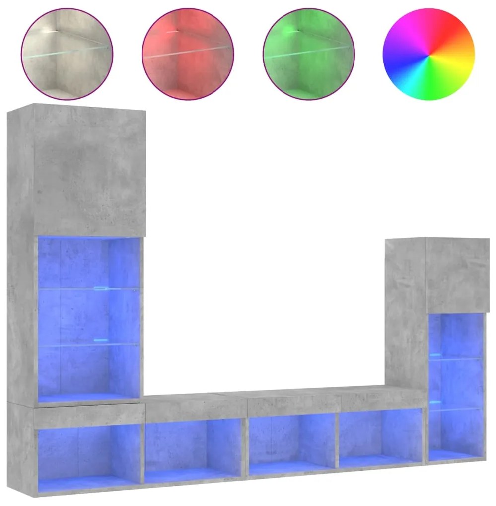vidaXL Έπιπλα Τοίχου Τηλεόρασης 4 τεμ. LED Γκρι Σκυρ. από Επεξ. Ξύλο