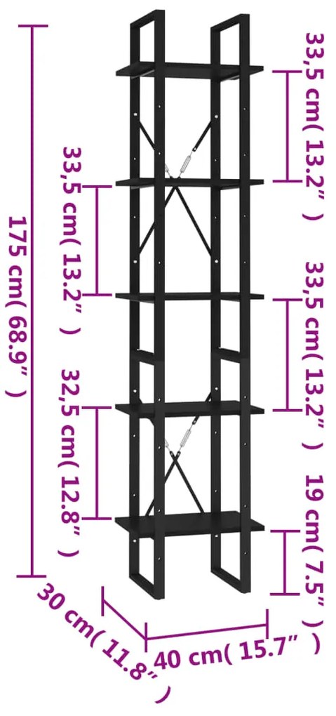 vidaXL Βιβλιοθήκη με 5 Ράφια Μαύρη 40 x 30 x 175 εκ. από Επεξ. Ξύλο
