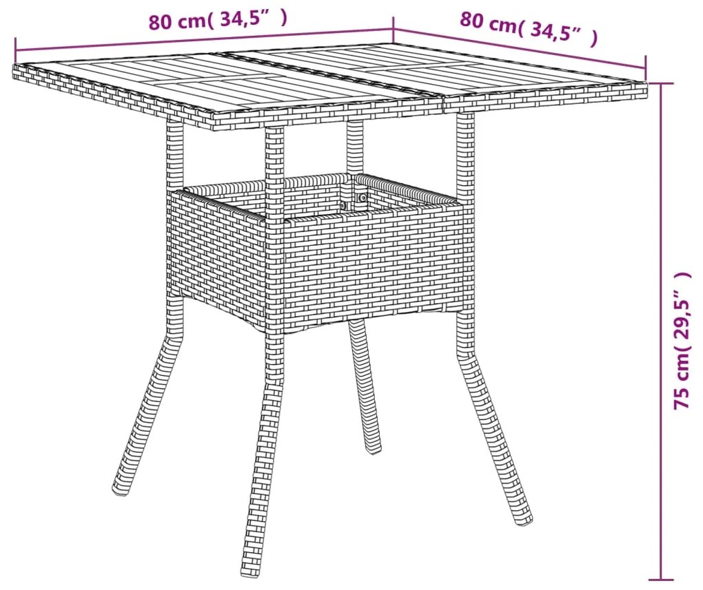 Τραπέζι Κήπου Επιφάνεια Ακακίας Γκρι 80x80x75 εκ. Συνθ. Ρατάν - Γκρι