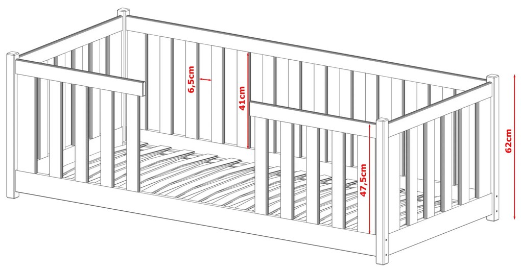 Kρεβάτι Montessori Junior με κάγκελα 47,5cm από μασίφ ξύλο Graphite  90×200cm (Δώρο 10% Έκπτωση στο Στρώμα)