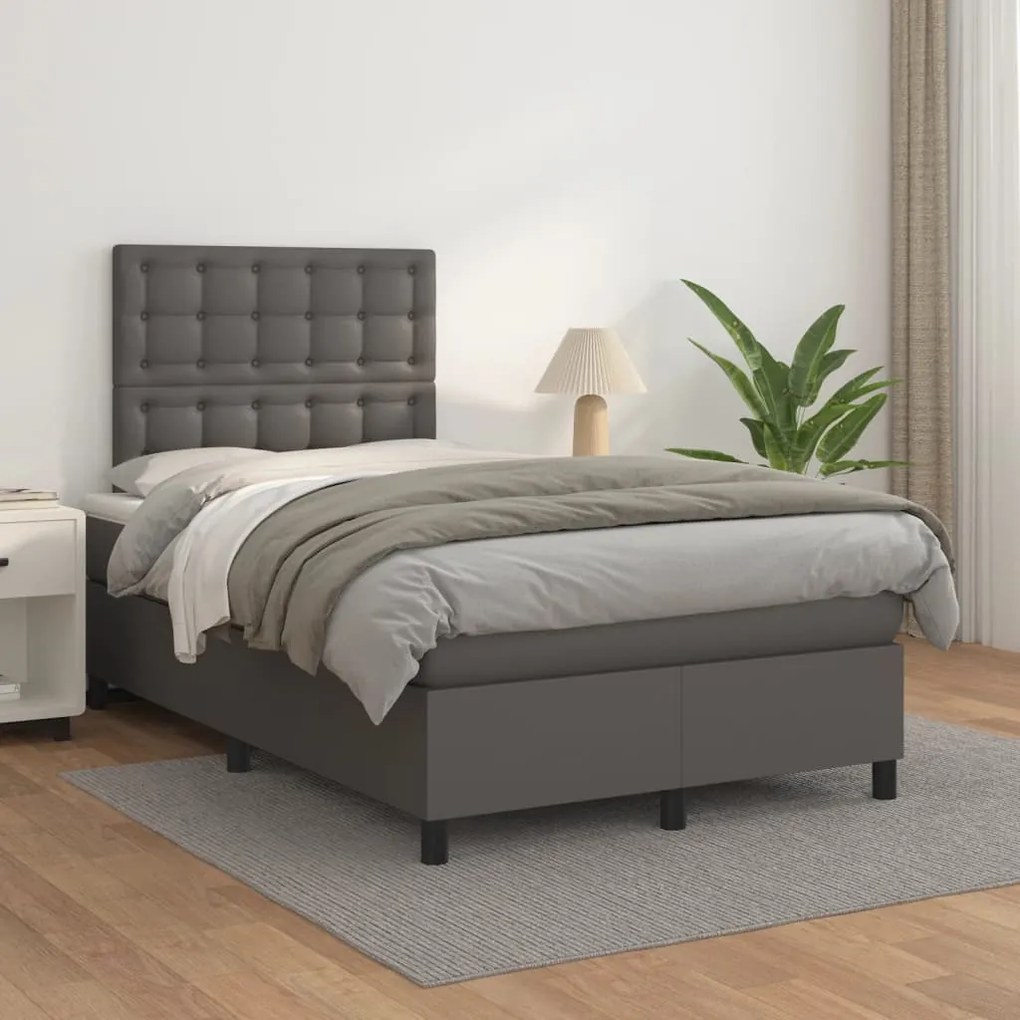 vidaXL Κρεβάτι Boxspring με Στρώμα Γκρι 120x190εκ. από Συνθετικό Δέρμα