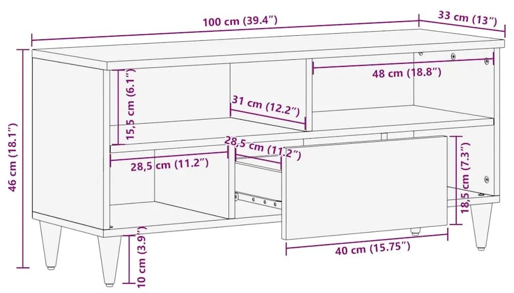 Έπιπλο Τηλεόρασης Μαύρο 100 x 33 x 46 εκ. από Μασίφ Ξύλο Μάνγκο - Καφέ