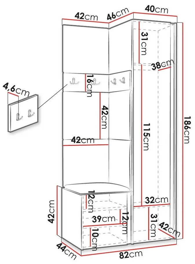 Σετ διαδρόμου Hartford 354, 186x82x44cm, 55 kg, Καθρέφτης, Κόκκινο, Γραφίτης, Πλαστικοποιημένη μοριοσανίδα, Ταπισερί, Τοίχου, Εντοιχισμένη