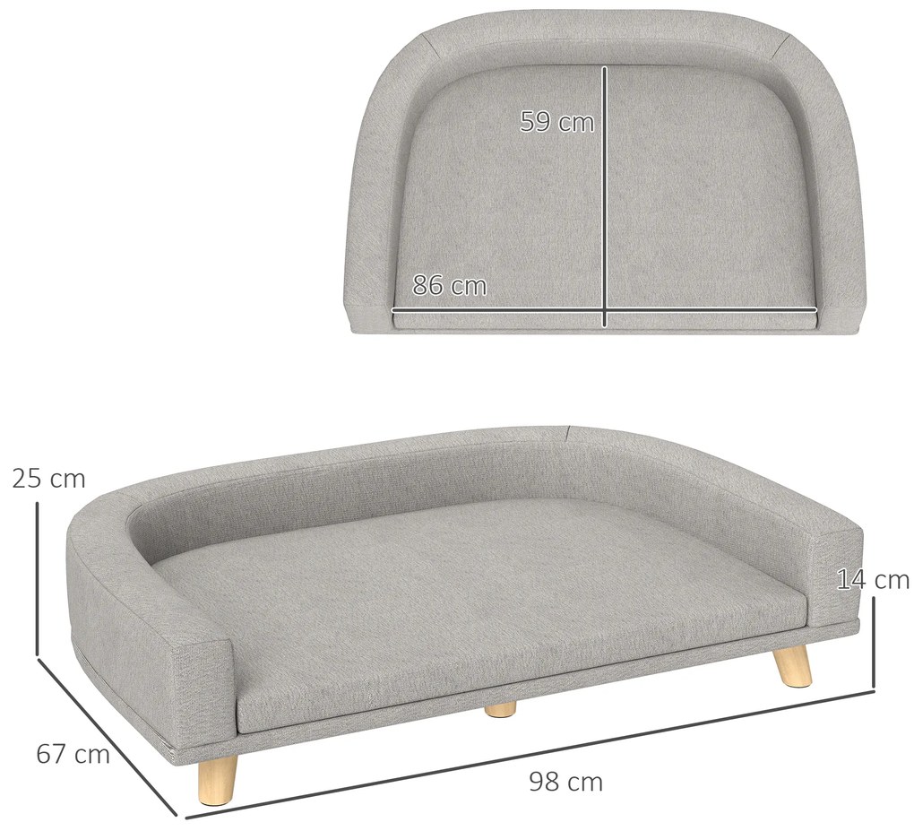 PawHut Καναπές Σκύλου για Μεγάλους Σκύλους έως 30 kg, Μαλακό Μαξιλάρι, Πόδια από Ξύλο Πεύκου, 98 x 67 x 25 εκ., Γκρι